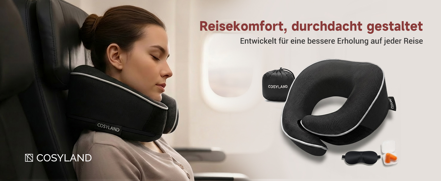 Подушка для шиї COSYLAND для літака та авто - Memory Foam, 360° підтримка, регульована, чорна. З маскою для сну та берушами