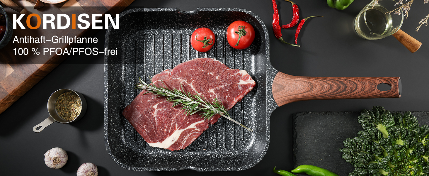 Kordisen Гриль сковорода антипригарна 24 см квадратна для індукції, гранітне покриття, з виливом, універсальна для приготування в приміщенні, без PFOA, чорна