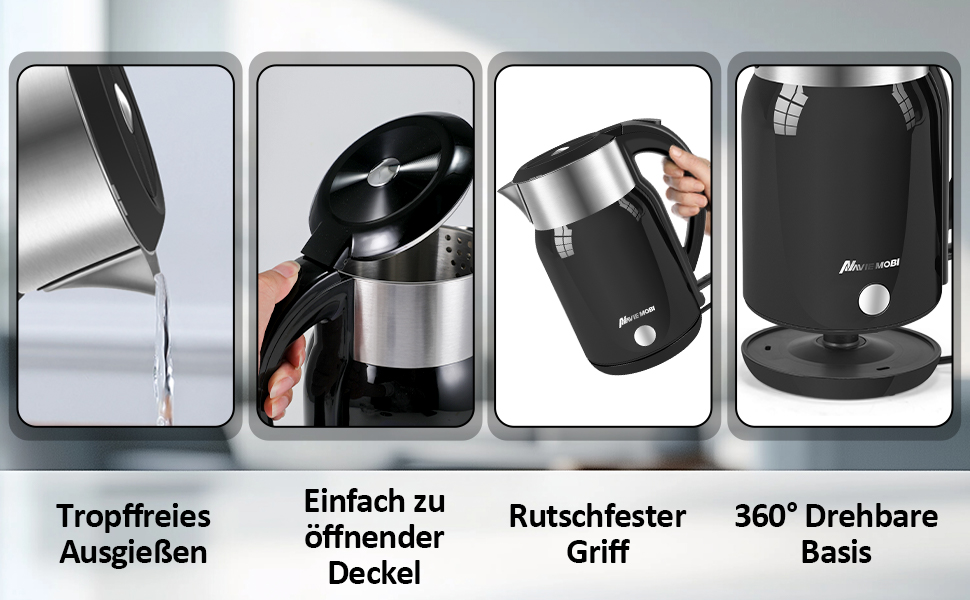 Navie Mobi Stainless Steel Electric Kettle - 1.8L, 2200W Fast Boil, BPA Free, Double Wall, Drip-Free, Auto Shutoff, Quiet & Cordless, SGS Certified, Turquoise Green (Black)