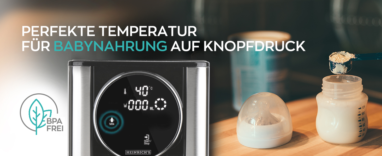 Диспенсер гарячої води Heinrich's з регулюванням температури 40°-100°C, для приготування дитячого харчування, вибір об'єму 100–400 мл, сенсорний дисплей, з фільтром і функцією очищення, 2.7 л