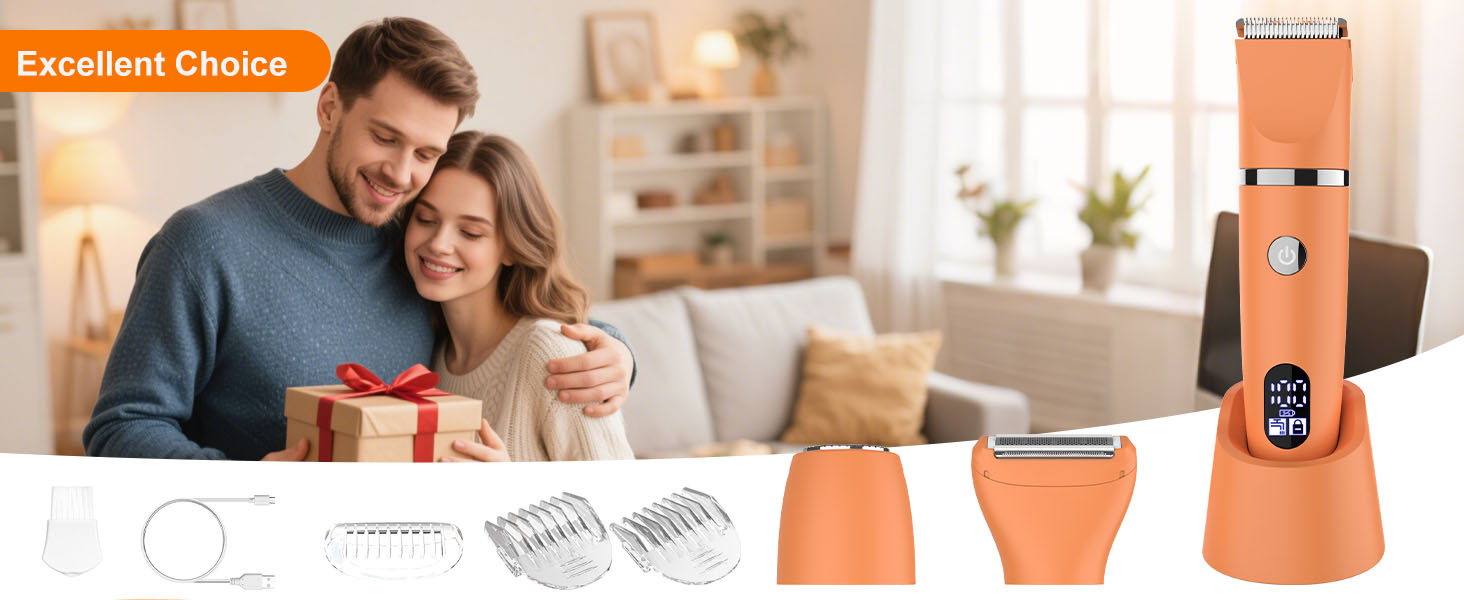 Електричний жіночий триммер 3-в-1 для обличчя, тіла та зони бікіні. Вологостійкий, з LCD-дисплеєм, помаранчевий