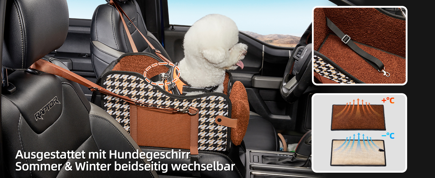 Автокрісло для собак та котів GGW | Безпечне автокрісло для маленьких собак та котів, водонепроникне, з бічними кишенями та швидкою установкою (сумісне з 99% підлокітників) (Колір: Коричневий, Стиль: Класичний)