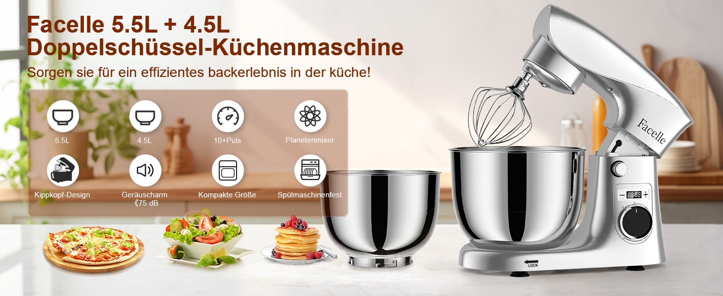 Кухонна машина-міксер Facelle 1500W з 5.5/4.5л чашею, 10+ програм, тиха робота, набір насадок (крюк, вінчик, віночок, захист від бризок)