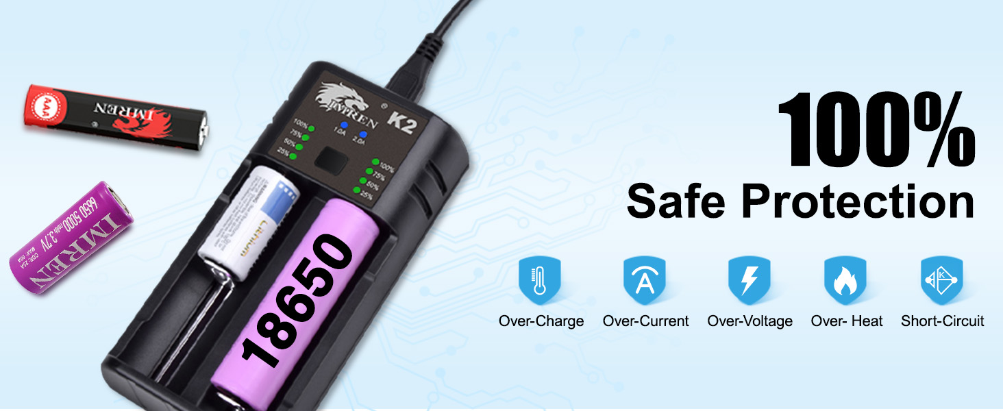 Зарядний пристрій IMREN 18650 з 4 слотами, 2A, USB-C, для акумуляторів 18350, 14500, 14650, 17500, 18700, 20700, 21700, 22650, 26650, 1.2V NI-MH/NI-Cd AA AAA C