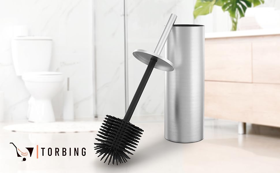 Тойлетний щітка TORBING Design з нержавіючої сталі з закритим тримачем - щітка для унітазу з силікону з ефектом лотоса - сучасний дизайн, елегантні кольори, подовжений ручка (Brushed Steel Silver)