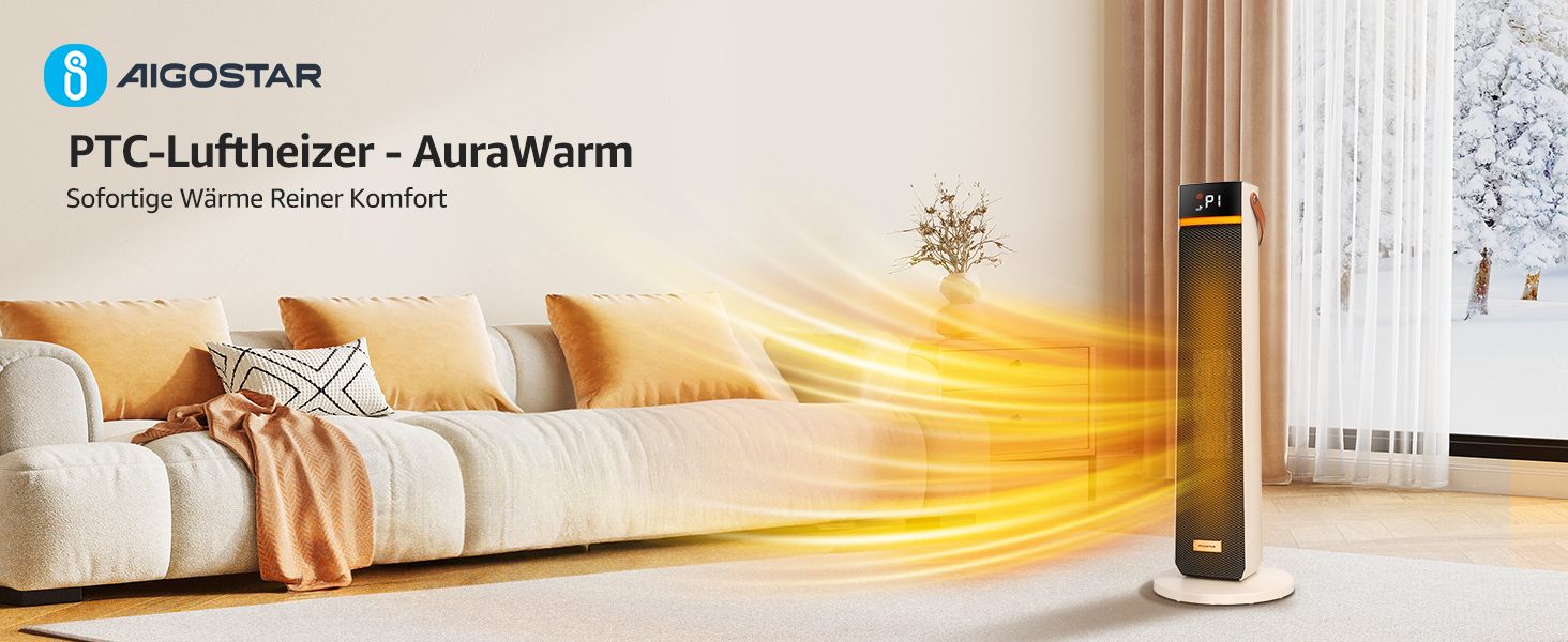 Електричний обігрівач Aigostar 2000W з пультом керування, ECO-режим, PTC кераміка, таймер 24год, тихий, осциляція 75°, 4 режими, захист від перекидання та перегріву, білий