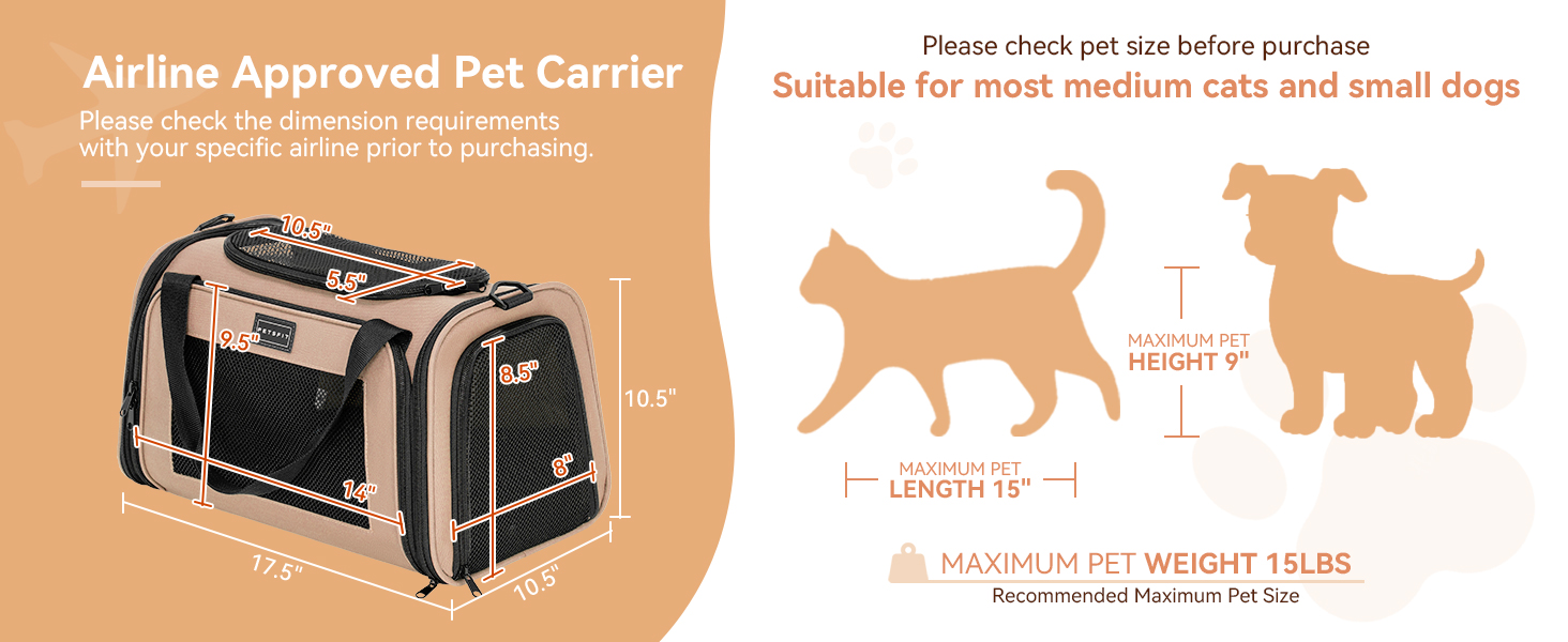 Транспортна переноска для котів та маленьких собак Petsfit, легка сумка-переноска для собак та котів, підходить для подорожей літаком, з ременем безпеки та розширеним килимком, S/Khaki