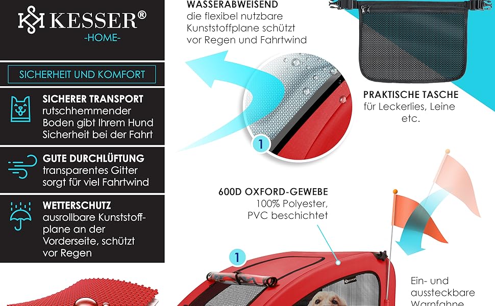 KESSER® Переноска для собак Боксер 2-в-1: візок та велосипедний причіп - велика (250л), з прапорцем та сумкою - 600D Oxford Canvas, складана SmartSpace, до 45кг (червоний/чорний)