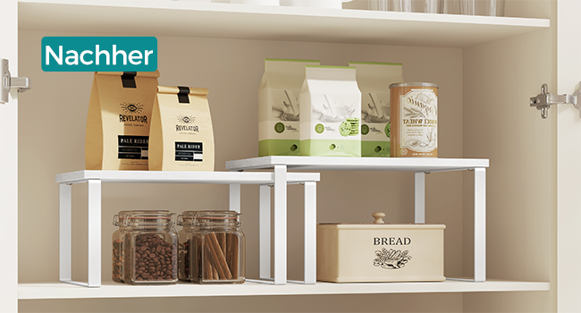 SONGMICS Spice Rack, 4-Piece Set, Kitchen Shelf, Kitchen Organizer, Expandable, Spice Holder, Stackable, with Metal Frame, 19.5 x 29.7 x 15.8 cm, Ink Black-Natural Beige KCS10NB (Cloud White + Snow White, 29.7B cm)