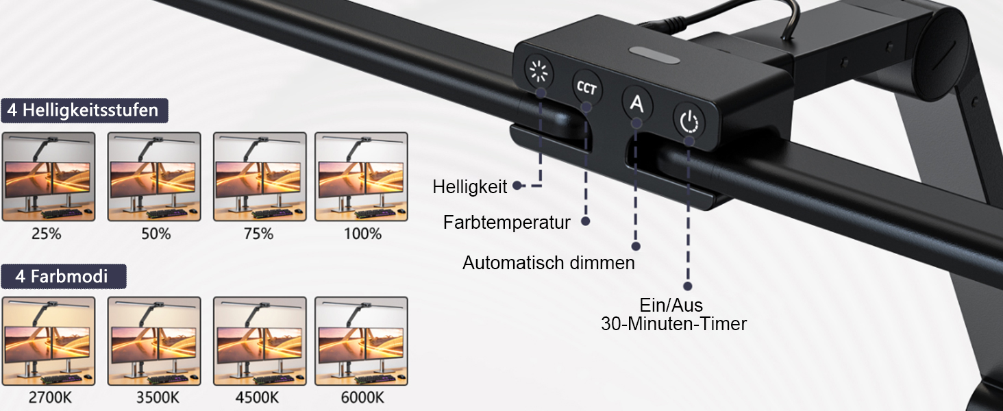 LED лампа для столу KableRika з двома головками: 24W, регульована яскравість, захист очей, для офісу та дому, сучасна лампа-світлодіод для монітора, білий (чорний)