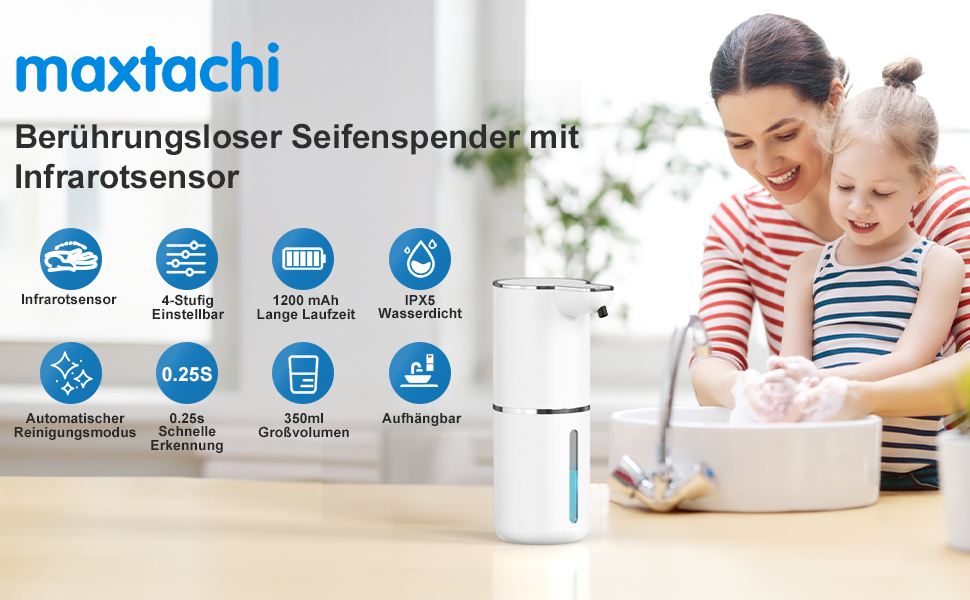 Автоматичний диспенсер для мила з датчиком, настінний, USB, 4 рівня, білий - для кухні, ванної, школи
