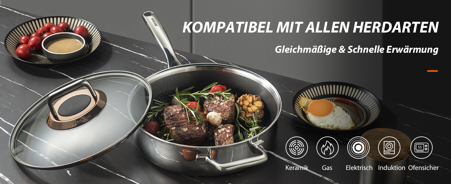 Сковорода з кришкою 26 см, антипригарне покриття Hybrid, холодна ручка, придатна для миття в посудомийній машині, без PFAS, PFOA та PTFE, термостійка до 260 °C, сумісна з усіма типами плит (WQ-D)