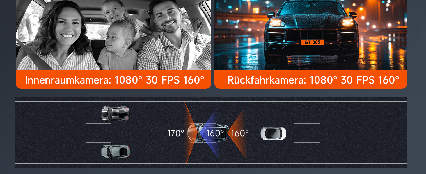 Відеореєстратор E-YEEGER 3-канальний 4K + 1080P + 1080P з Wi-Fi, 32GB карта, нічна зйомка, G-сенсор, паркування - чорний