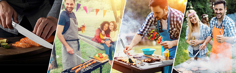 Набір гриль-посуду 5 в 1: щипці, лопатка, щітка, виделка, пензлик для м'яса. Ідеально для грилю, кемпінгу та барбекю