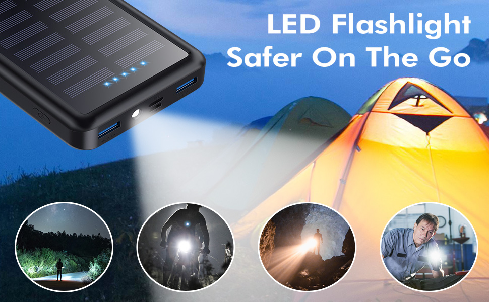 Power Bank 26800mAh USB-C Solar Powerbank PD 3.0A, Водонепроникний акумулятор з LED ліхтариком для iPhone/Samsung та кемпінгу, Чорний