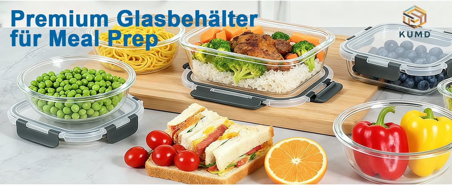 Набір скляних контейнерів для зберігання їжі Borosilikatglas 20 шт. (5x 1040ml + 5x 370ml) - для мікрохвильової печі, приготування їжі та духовки, з герметичним закриттям