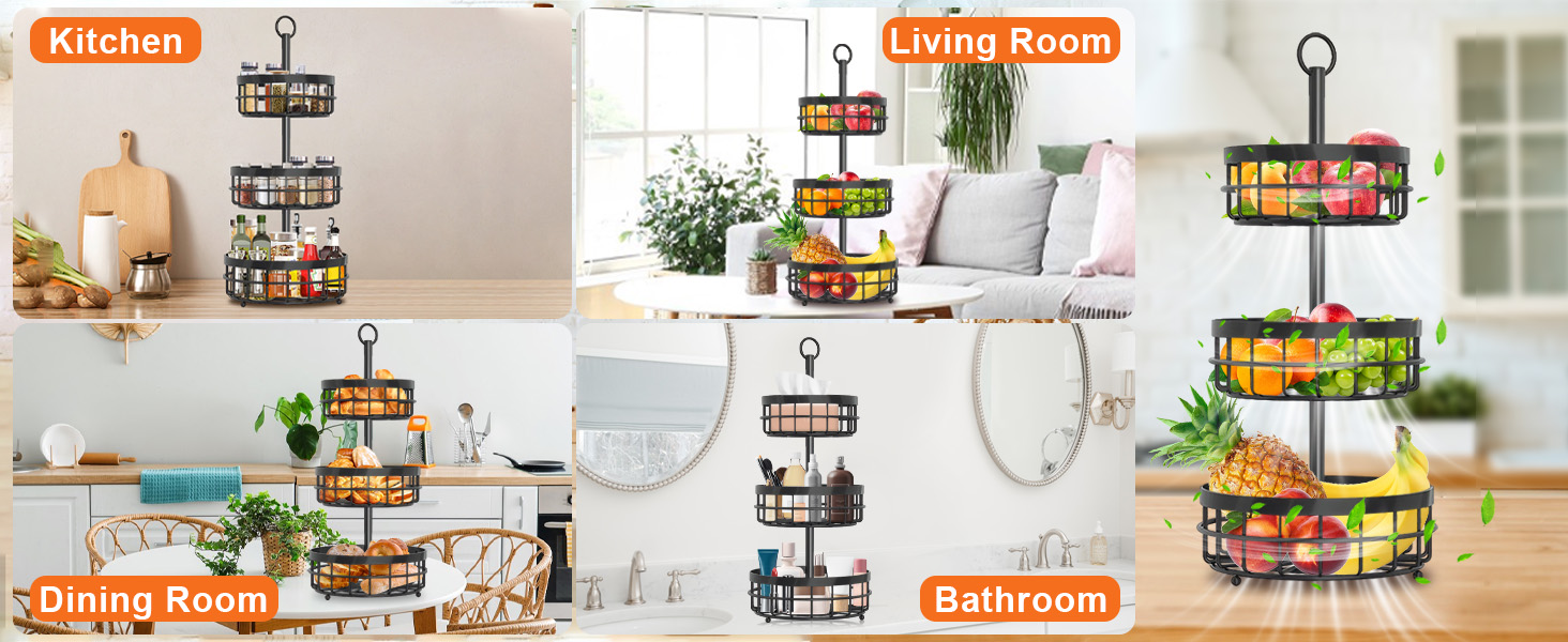 Металева фруктова етажерка Yiomxhi 3 ящики, чорна – для зберігання фруктів, овочів, хліба та закусок