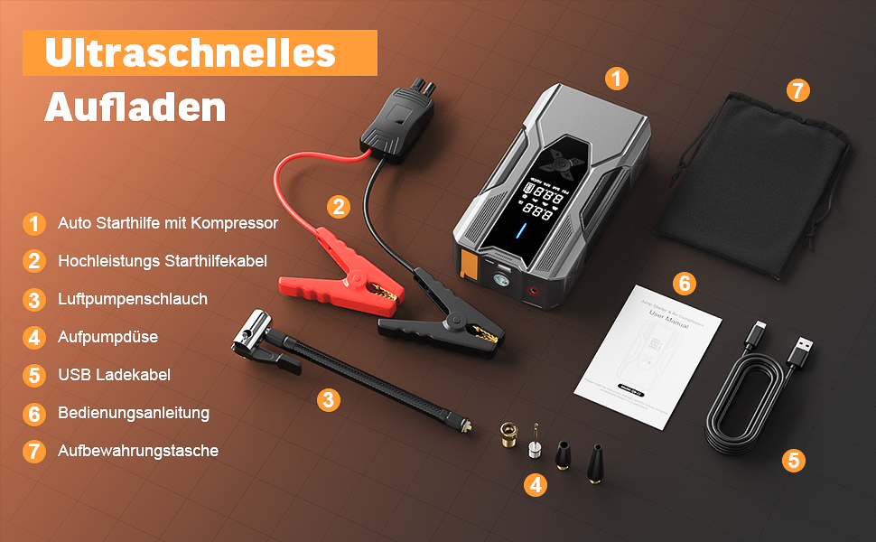 Powerbank для автомобіля 8000A Starthilfe, пусковий пристрій з компресором 150PSI, 26800mAh для бензинових та дизельних двигунів (до 12.0L), зарядний пристрій для акумулятора
