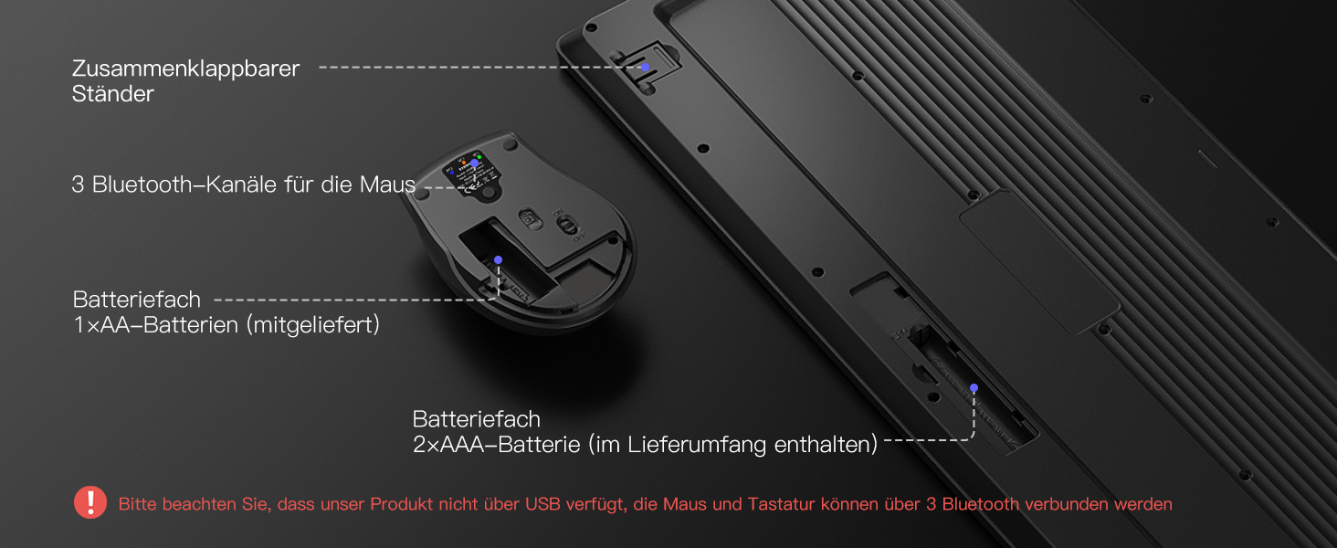 Inateck Бездротовий Комплект Клавіатури та Миші з Підсвічуванням, QWERTZ, з Підтримкою Bluetooth, з Підкладкою під Руку, для Mac, Windows, Laptop, PC, Smart TV, KB06006