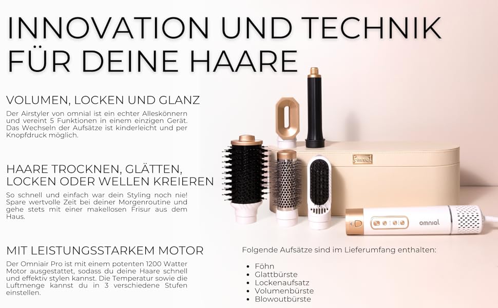 Omnial Omniair Pro 5в1: Станція для укладки волосся з 5 насадками, 3 температурні та 3 режими повітря, Coldshot для фіксації, підходить для всіх типів волосся