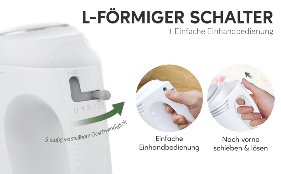 Ручний міксер 350 Вт, 5 швидкостей, з нержавіючої сталі (віночок та гак), ергономічна ручка, довгий кабель, BPA-free – білий KS1 S1