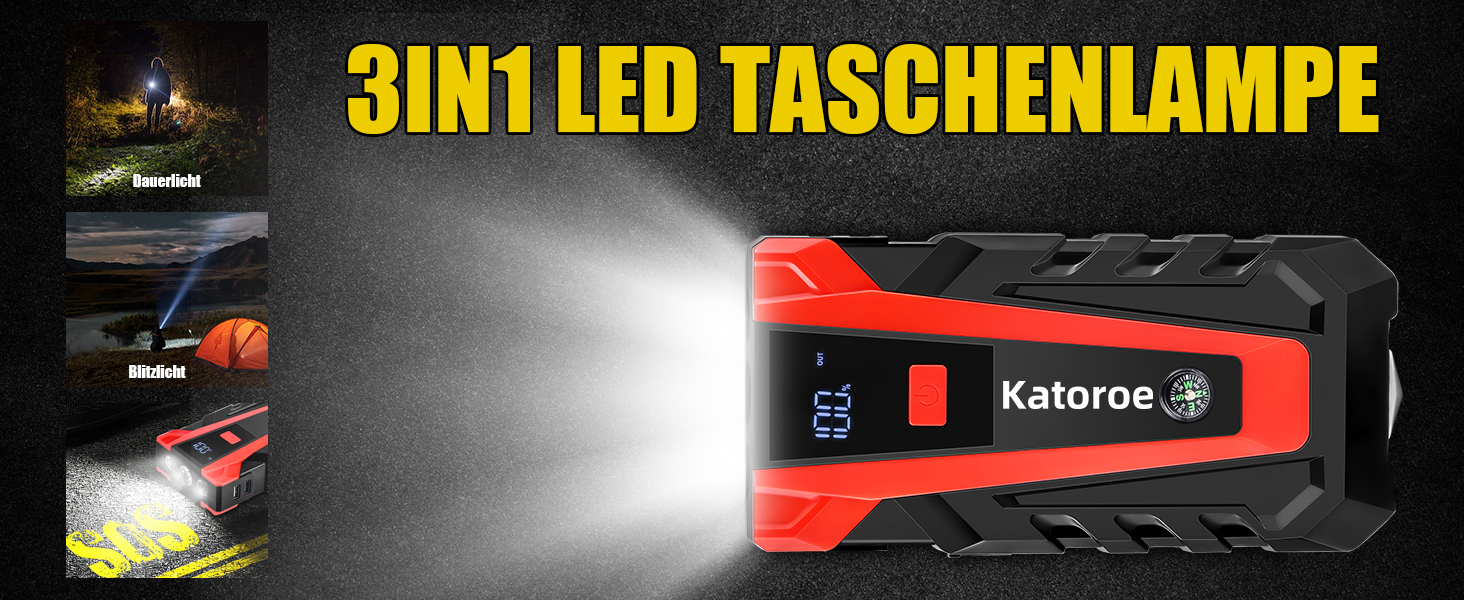 Powerbank Starthilfe 4000A: Зарядний пристрій для авто, SUV та мотоциклів з LED ліхтариком. Підходить для бензинових двигунів до 9.0L та дизельних до 7.0L