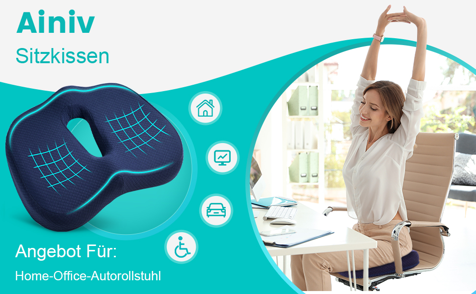 Подушка для сидіння Ainiv, ергономічна подушка з Memory Foam для офісного крісла, інвалідного візка, автомобіля (Блакитна)