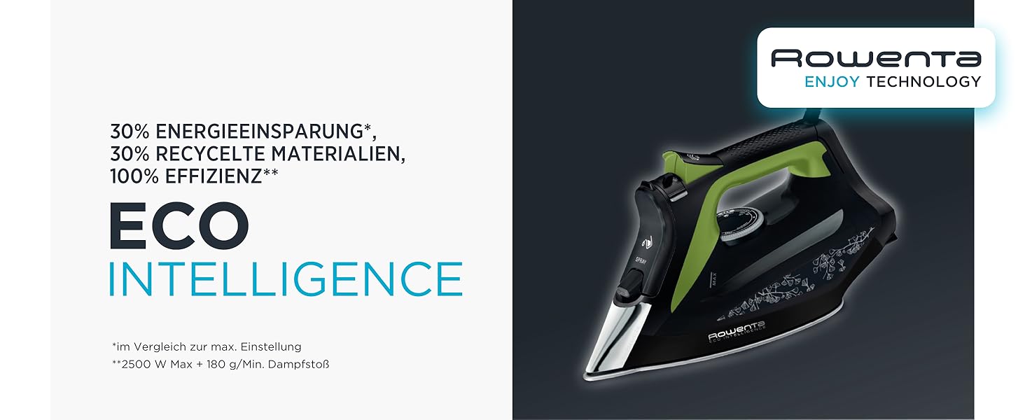 Праска Rowenta Eco Intelligence з постійною подачею пари, 2500 Вт, 45 г/хв, 180 г/хв, підошва Laser, чорний/зелений, DW6330