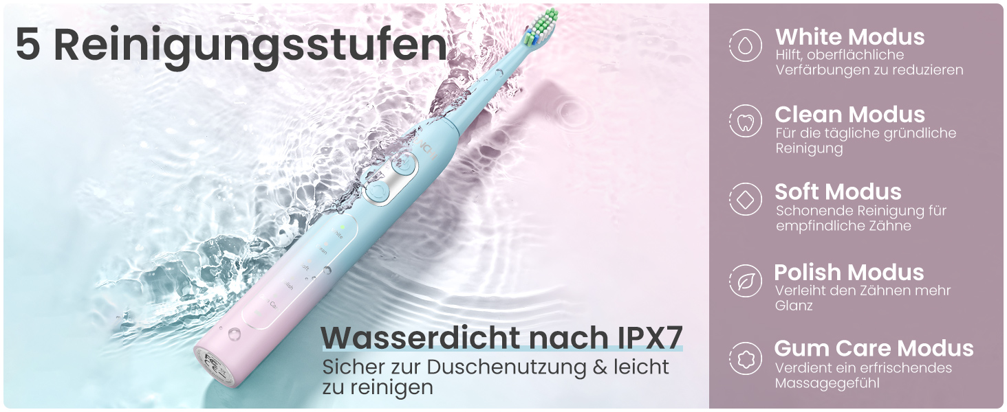Електрична зубна щітка YUNCHI C2 з 40000 VPM, звукова, для дорослих та дітей, USB-C зарядка, 30 днів роботи, 5 режимів, 8 насадок, рожева/блакитна