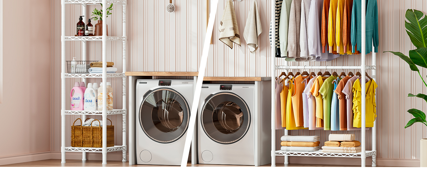 Розширюваний вішак для одягу, металевий гардеробний стійка з регульованими полицями (білий)