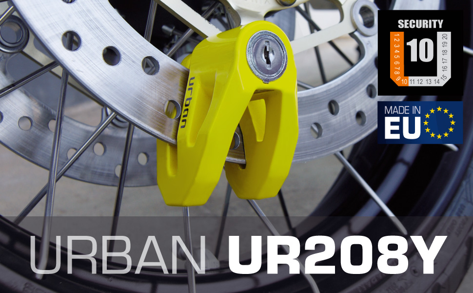 Протикрадіжний замок URBAN UR208Y для мотоцикла, велосипеда, самоката, скутера з нагадувальним тросом, 10 мм, жовтий