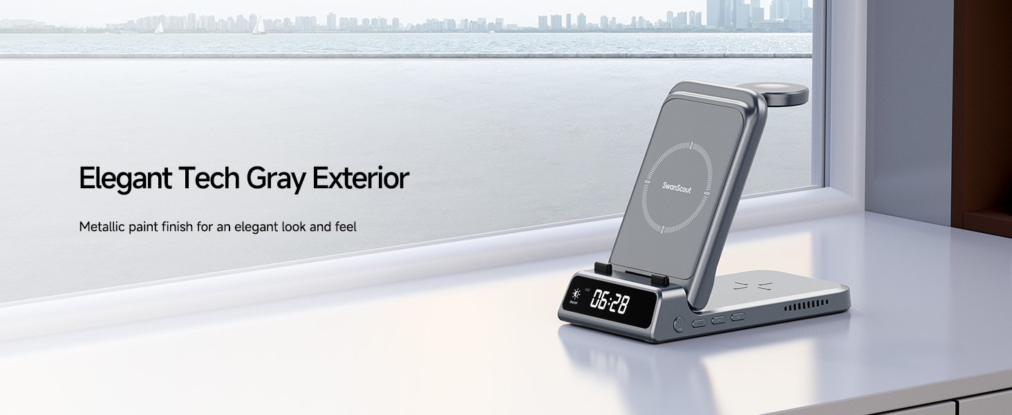 Бездротова зарядка 3-в-1 SwanScout 703A для iPhone 17/16/15/14/13/12, Apple Watch 11/10/9/8/7/Ultra та AirPods Pro 3 (Tech Grey)