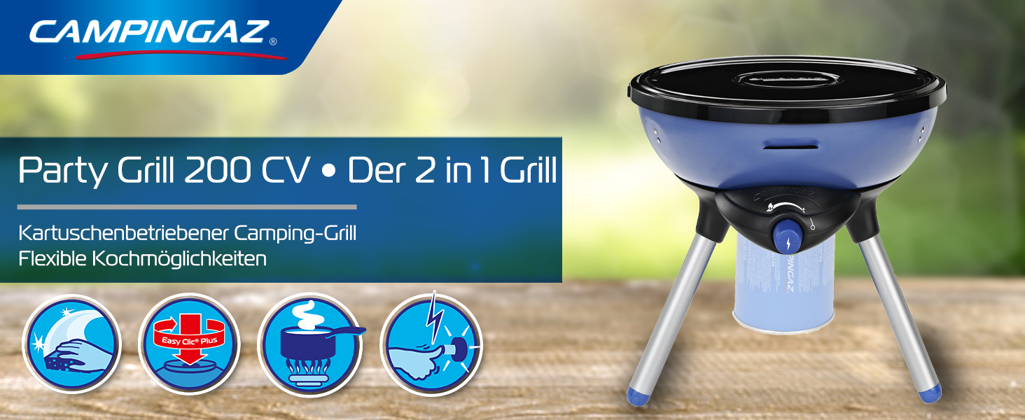 Газовий гриль Campingaz Party Grill 200 для кемпінгу та пікніка, антипригарна поверхня, портативний, багатофункціональний
