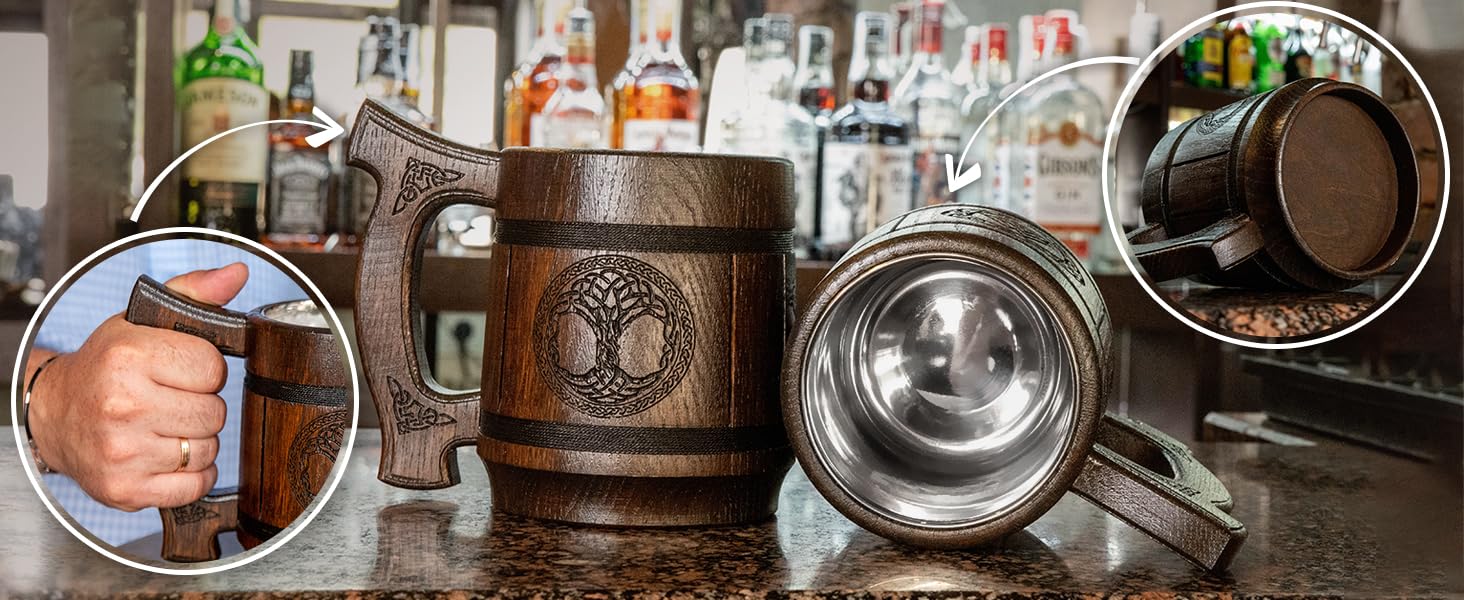 Діжка TESLYAR Вікінг 0.6 л з дуба - середньовічна діжка для пива, кружка, кухоль з гравіюванням молота Тора, руни. Ідеальний подарунок для чоловіків, дерев'яний кухоль.