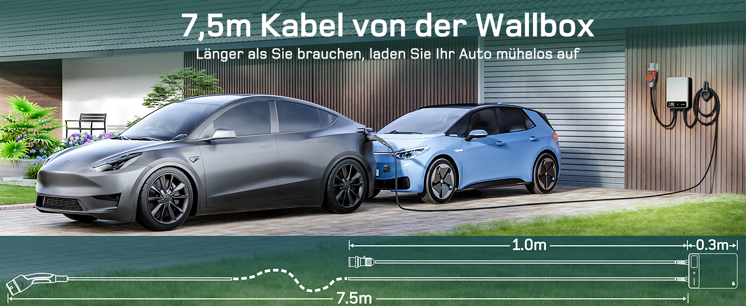 Wallbox 11 кВт з APP, кабель Type 2 7.5м з тримачем, 3-фазний зарядний пристрій для електромобілів (6-16A, 400V), BEV/PHEV, RCD Type A 30mA AC + 6mA DC, IP54, чорний. CEE 22кВт, 10м білий.