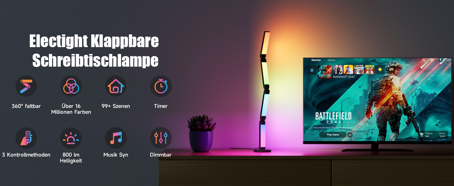 LED лампа настільна Electight RGB з димеруванням, 82 см, 800 люмен, складний дизайн, пульт та додаток, 16 млн кольорів, 99 режимів, синхронізація з музикою та таймер, для читання, офісу та ігор