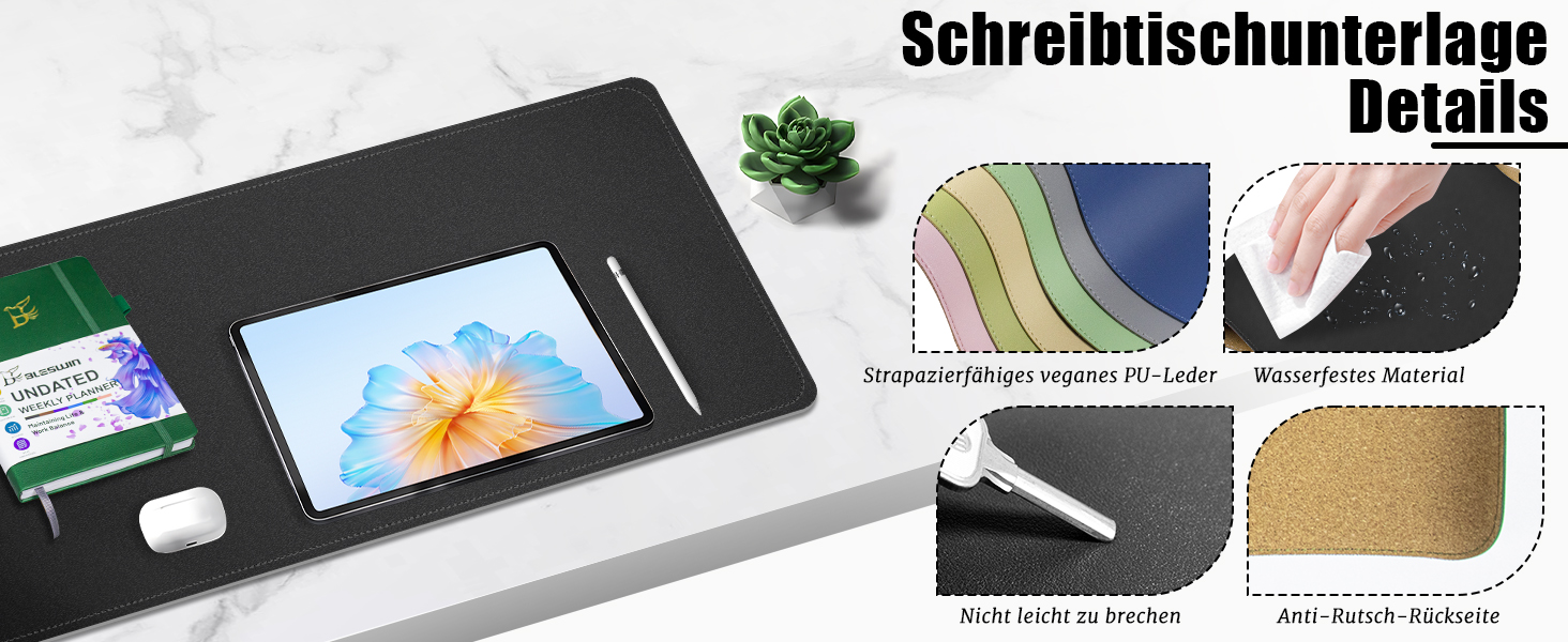 Підкладка для миші та столу Leder (Шкіра) 80x40 см, чорна - килимок для письма, офісний аксесуар для комп'ютера та ноутбука