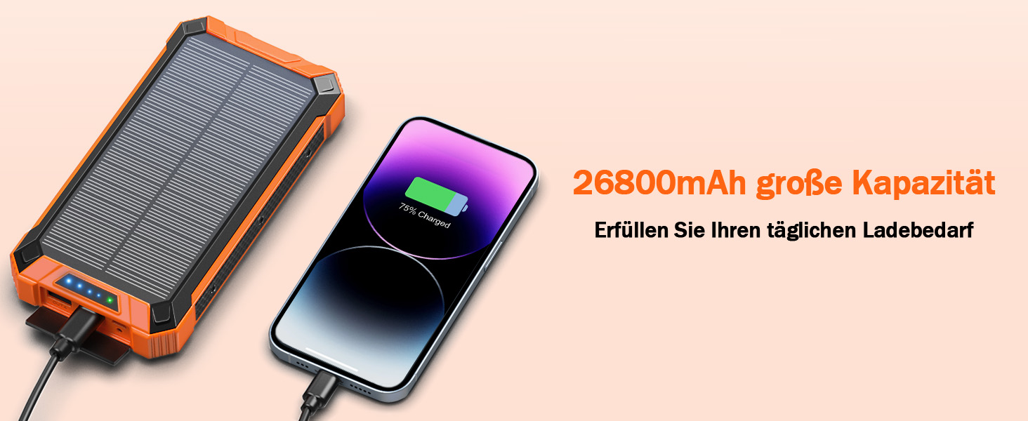 Power Bank Solar GOODaaa 26800mAh з 6 виходами, 4 входами, 15W, для мобільних пристроїв, з ліхтариком та карабіном (Оранжевий)