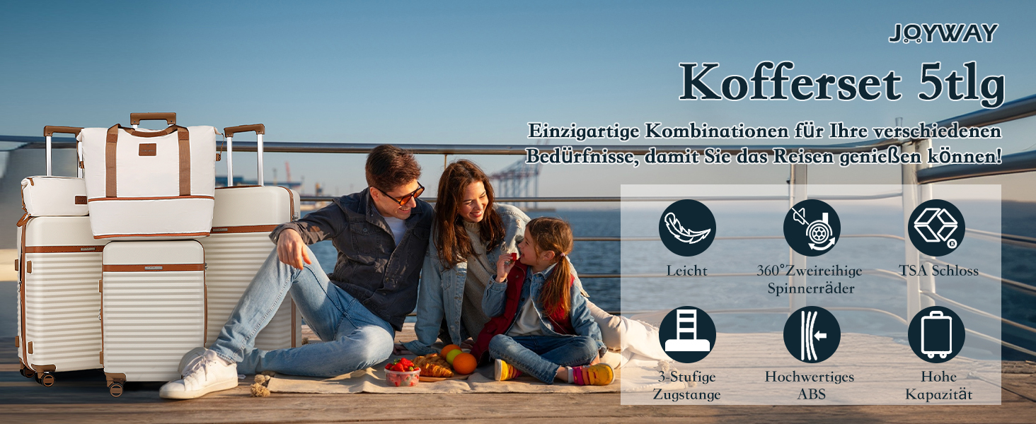 Набір валіз Joyway 5шт з ABS пластику, розширюваний, з TSA-замком. Включає: валізу-тролі, 1 велику сумку та 1 косметичку. Білий набір валіз