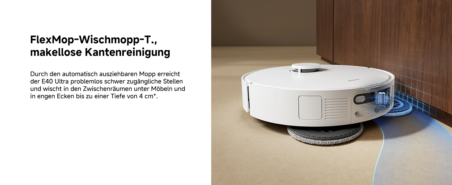 Робот-пилосос Mova E40 Ultra з функцією миття, автоматичним очищенням та потужністю 19000 Па, MaxiReach-моп, бічні щітки, вбудований резервуар 80 мл, станція самоочищення на 75 днів