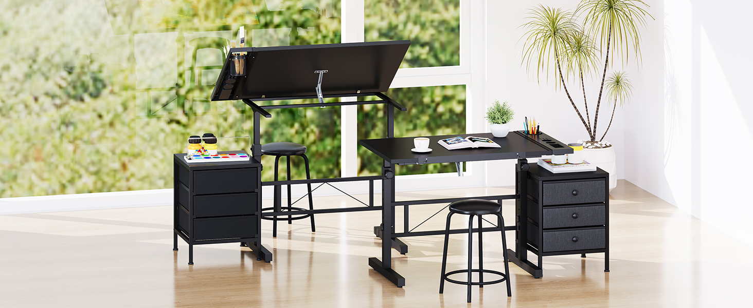 Adjustable Drafting Table with Tilt & Height - Drawing & Computer Desk with Stool & Storage - Wood Finish (Black + Storage Cabinet)