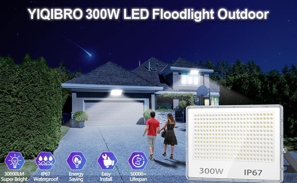 Світлодіодний прожектор для вулиці 300W, 30000LM, IP67, 7000K холодне світло, надяскравий LED-прожектор для складу, саду, гаража, двору, фабрики, паркінгу