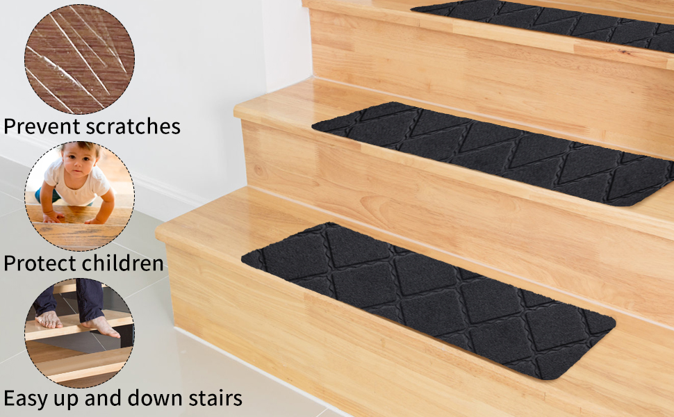 Килимки на сходи YISUN 15 шт., самоклейні, антиковзні, 20x65 см (Сірий/Чорний), для дітей, літніх людей та собак, для внутрішнього та зовнішнього використання