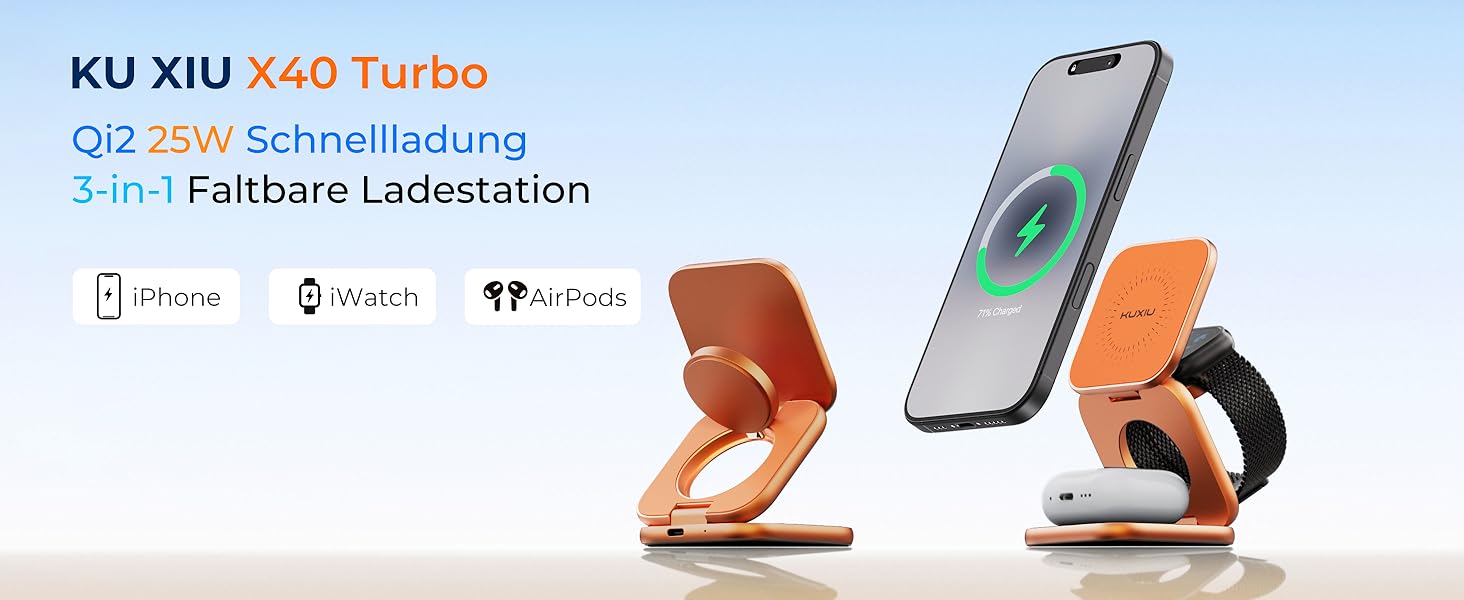 Бездротова зарядна станція KU XIU X40 Turbo Qi2.2 25W 3-в-1 для iPhone 17/16/15/14/13/12, Apple Watch та AirPods, алюмінієва, з адаптером GaN 45W (Космічний Помаранчевий)
