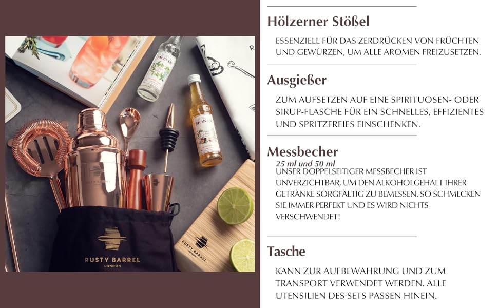 Rusty Barrel Roségold Cocktail Shaker Set - Premium Stainless Steel Bar Set with Shaker, Muddler, Strainer, Jigger, Spout, Spoon, Recipe Book & Gift Box