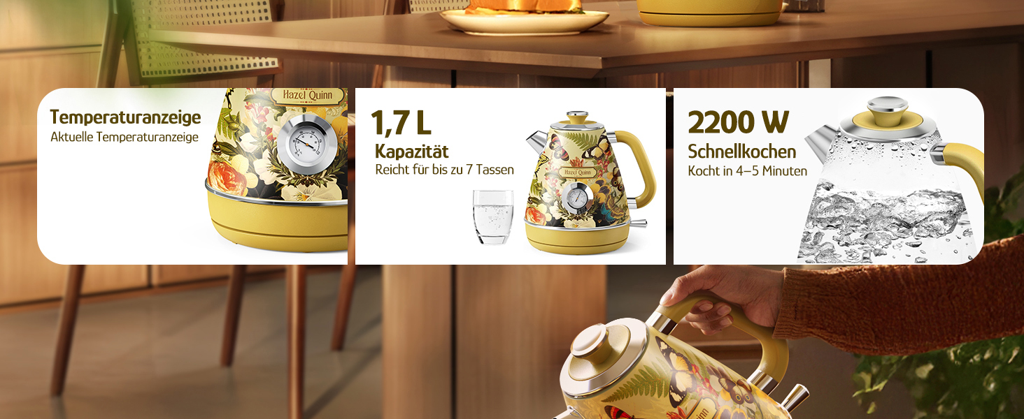 Електричний чайник Hazel Quinn з нержавіючої сталі, без BPA, STRIX-контролер, поворотна база 360°, індикатор температури, ретро-дизайн, автоматичне відключення, 2200 Вт, 1.7 л, м'ятно-зелений