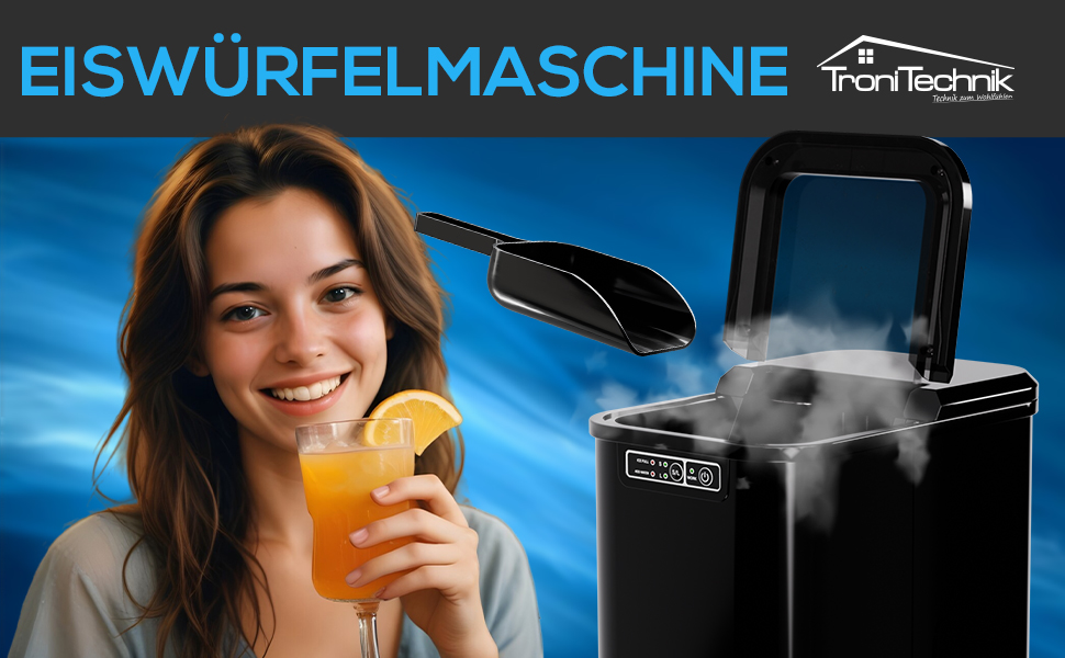 Льодогенератор Tronitechnik® 12 кг/24 год, резервуар 2.2 л, 2 розміри кубиків льоду, самоочищення, чорний