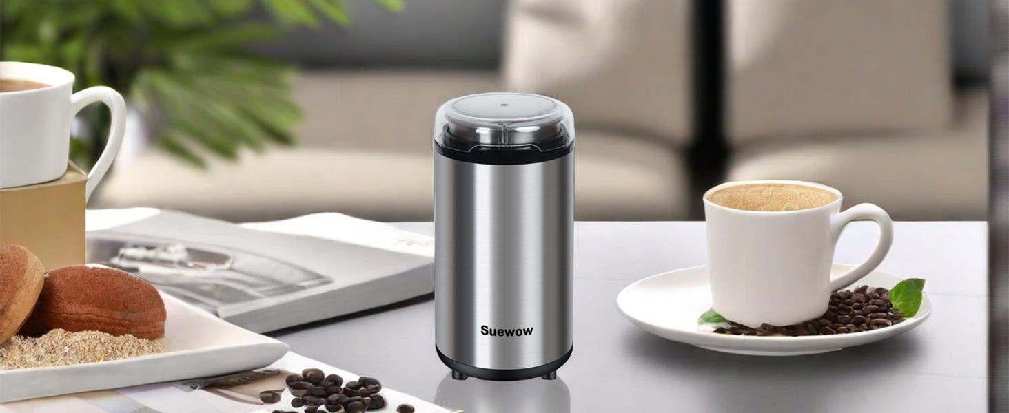 Електрична кавомолка Suewow: потужний 200W мотор, для кави, спецій, горіхів. Багатофункціональна, велика ємність (срібна)