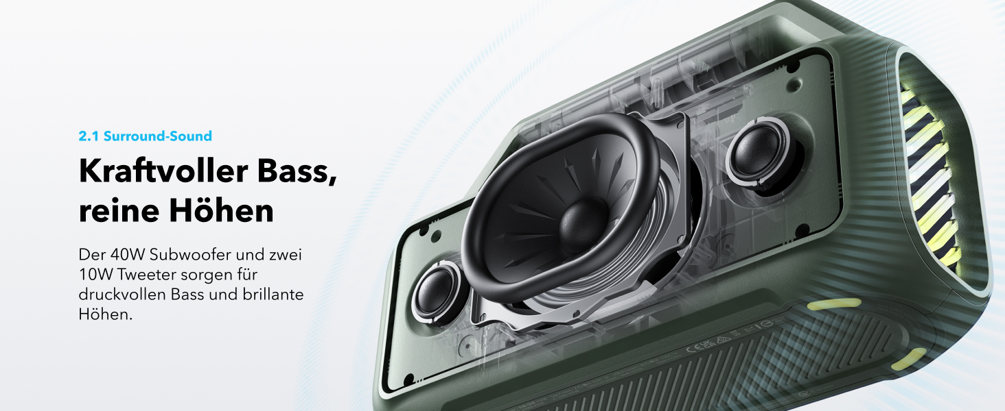 Soundcore Boom 2 - Портативна Bluetooth Колонка, 80W, Сабвуфер, BassUp 2.0, 24h, IPX7, LED, USB-C, BT 5.3, для кемпінгу, пляжу, саду (зелена)