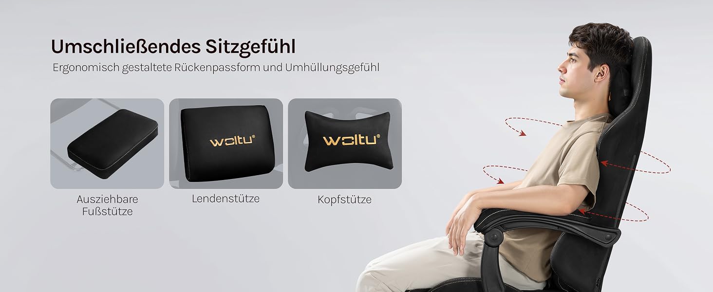 Геймерське крісло WOLTU з регульованою спинкою, підлокітниками, підставкою для ніг, підтримкою попереку та голови, чорне